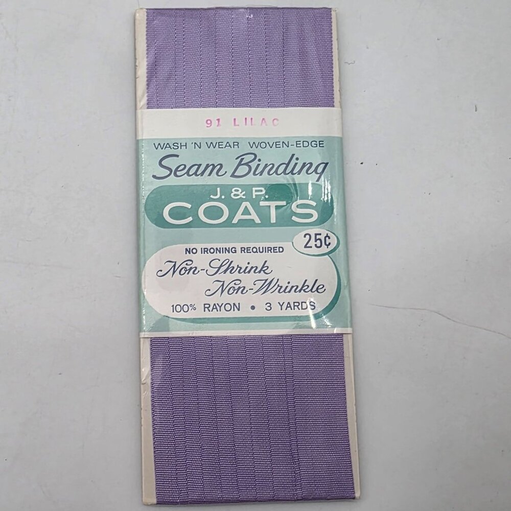 J&P Coats Seam Binding 3 Yards Lilac Rayon Non-Shrink Non-Wrinkle Woven Edge